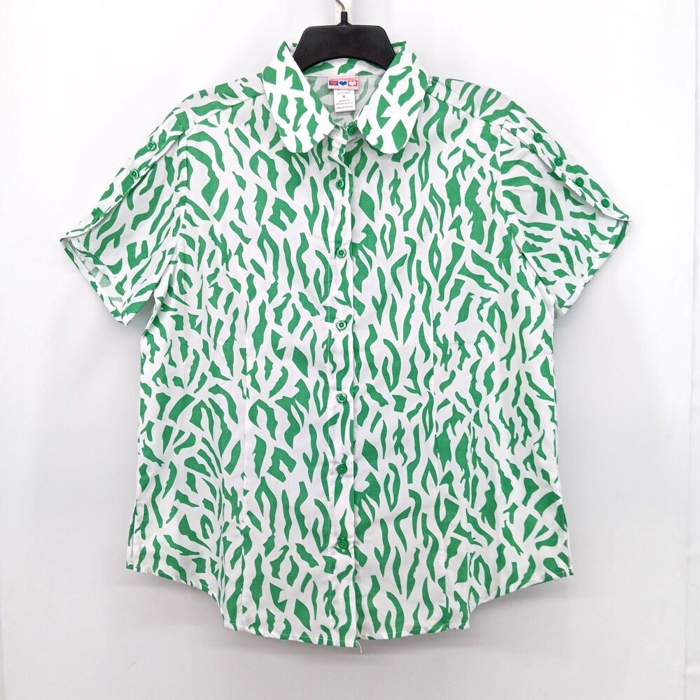 American Sweetheart Shirt Womens Medium White Green Animal Print Button Up Top
